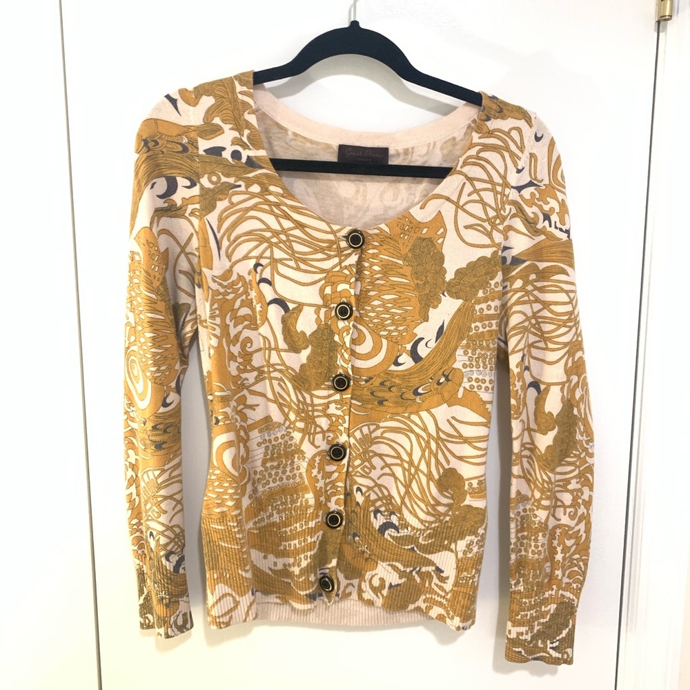 Cotton/angora blend printed cardigan